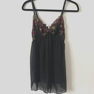 Vintage 80s 90s Y2K Sz 2X Babydoll Top Sheer Chiffon Floral Embroidered Lingerie